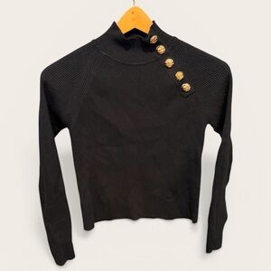 Zara Black Ribbed Long Sleeve Mock Top with Gold Accent Buttons